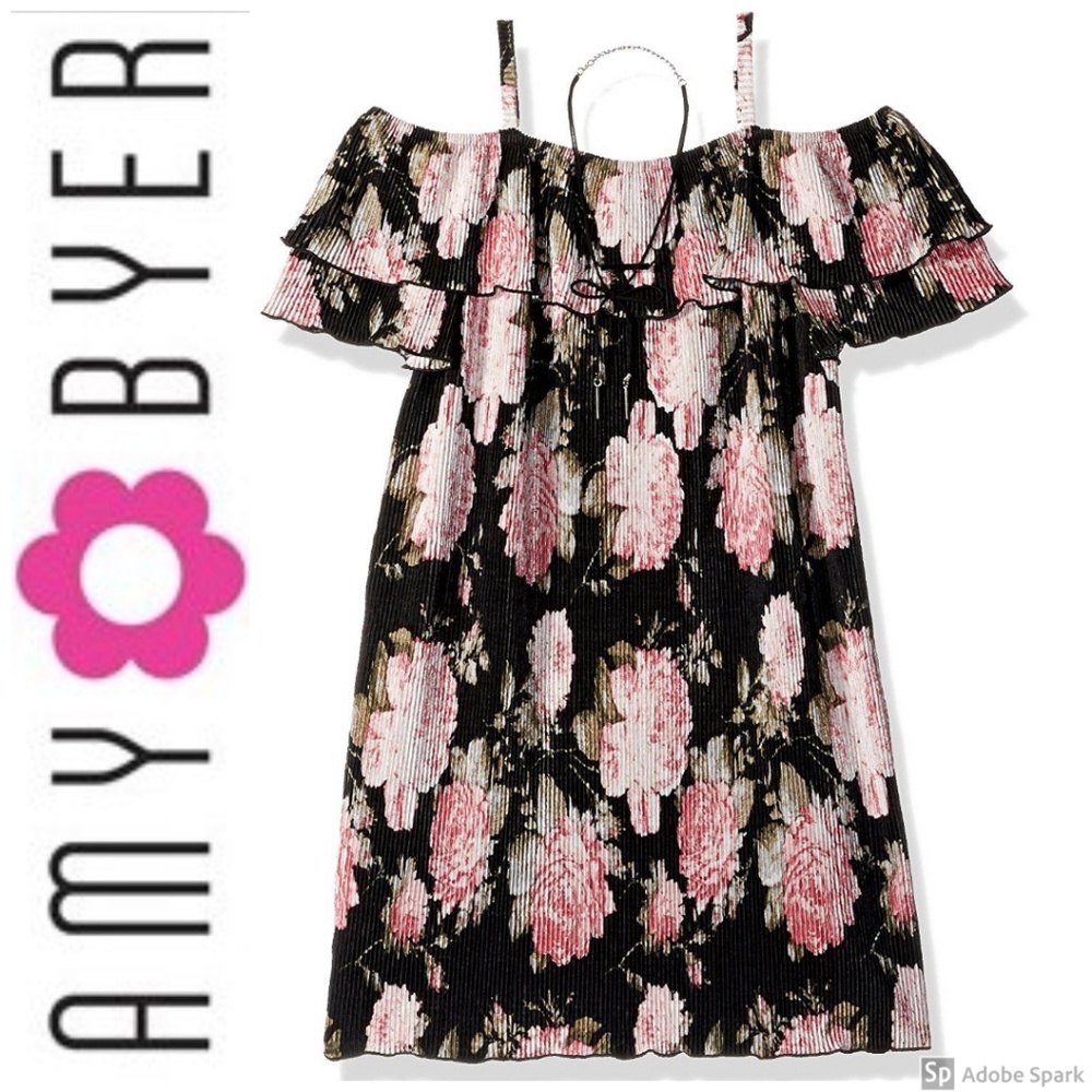 Amy‎ Byer Girls 14 Floral Off Shoulder Ruffle Pleated Dress with Necklace NWT